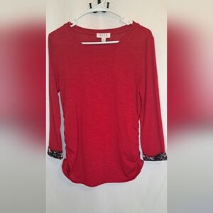 Elle Red Long Sleeve Top with Floral Cuffs